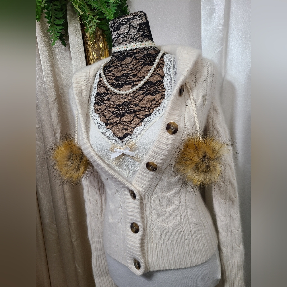 ♡ Y2K ♡ Abercrombie Cream Wool & Rabbit Hair Babydoll Sweater Fur Pompoms - Picture 2 of 11